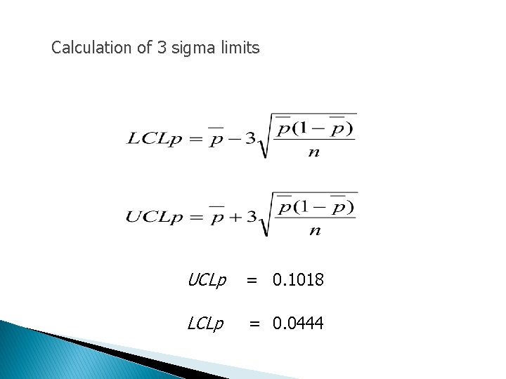 Calculation of 3 sigma limits UCLp = 0. 1018 LCLp = 0. 0444 