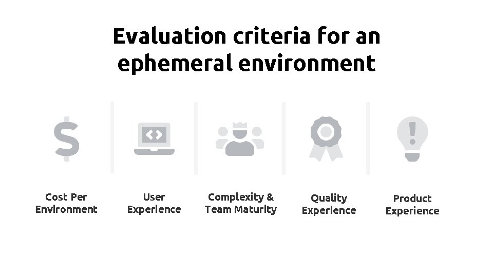 Evaluation criteria for an ephemeral environment Cost Per Environment |9 User Experience Complexity &