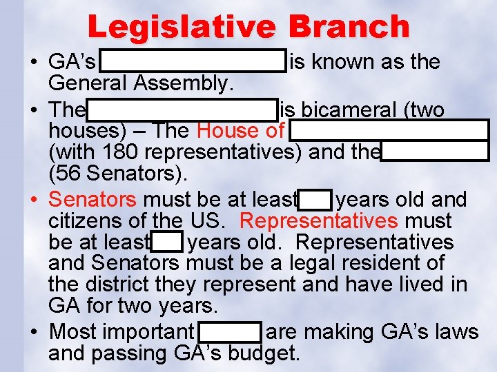Legislative Branch • GA’s Legislative Branch is known as the General Assembly. • The