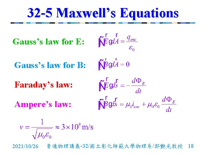 32 -5 Maxwell’s Equations Gauss’s law for E: Gauss’s law for B: Faraday’s law: