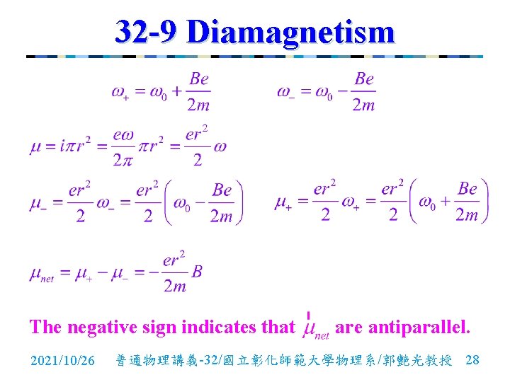 32 -9 Diamagnetism The negative sign indicates that 2021/10/26 are antiparallel. 普通物理講義-32/國立彰化師範大學物理系/郭艷光教授 28 32 -9 Diamagnetism The negative sign indicates that 2021/10/26 are antiparallel. 普通物理講義-32/國立彰化師範大學物理系/郭艷光教授 28