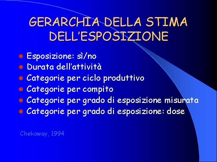 GERARCHIA DELLA STIMA DELL’ESPOSIZIONE l l l Esposizione: sì/no Durata dell’attività Categorie per ciclo