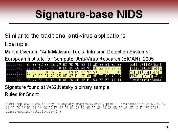 Signature-base NIDS Similar to the traditional anti-virus applications Example: Martin Overton, “Anti-Malware Tools: Intrusion