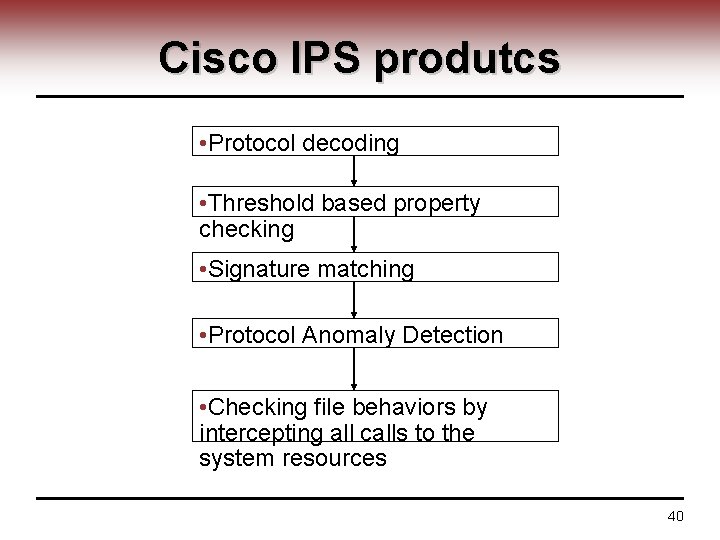 Cisco IPS produtcs • Protocol decoding • Threshold based property checking • Signature matching