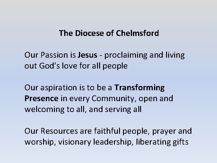 The Diocese of Chelmsford Our Passion is Jesus - proclaiming and living out God's