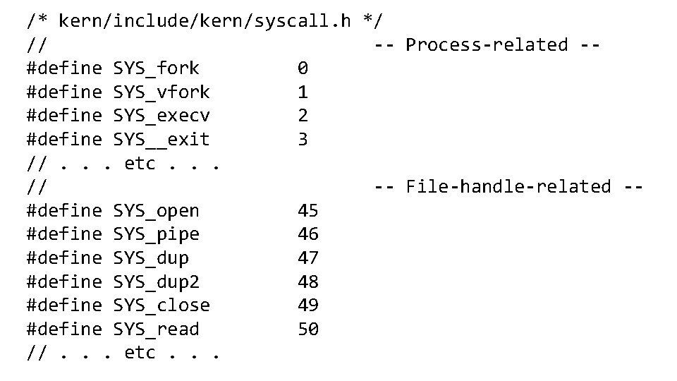 /* kern/include/kern/syscall. h */ /* */ -// userland/libc/arch/mips/syscalls-mips. S -- Process-related /* #define SYS_fork