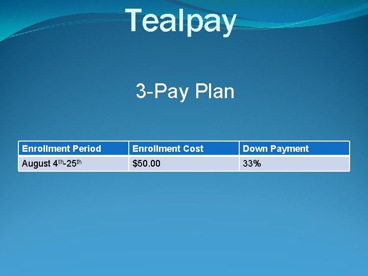 Tealpay 3 -Pay Plan Enrollment Period Enrollment Cost Down Payment August 4 th-25 th