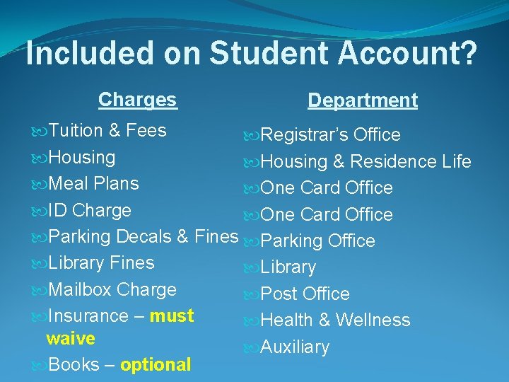 Included on Student Account? Charges Department Tuition & Fees Registrar’s Office Housing & Residence