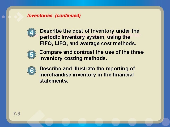 Inventories (continued) Describe the cost of inventory under the 4 After studying this chapter,