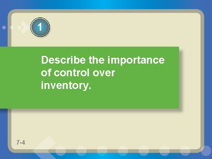 1 Describe the importance of control over inventory. 7 -4 
