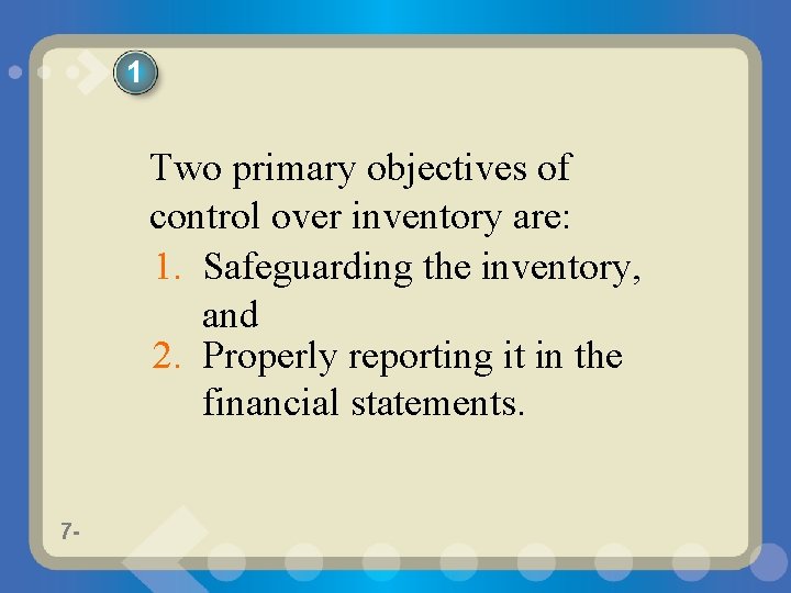 1 Two primary objectives of control over inventory are: 1. Safeguarding the inventory, and
