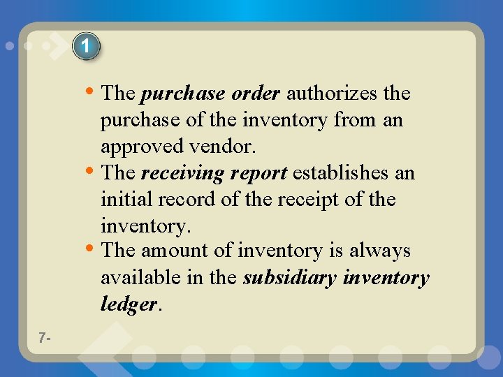 1 • The purchase order authorizes the purchase of the inventory from an approved