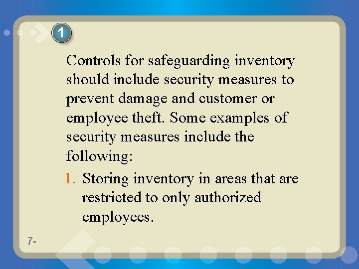 1 Controls for safeguarding inventory should include security measures to prevent damage and customer