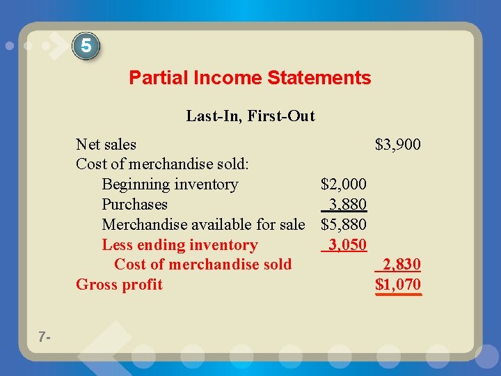 5 Partial Income Statements Last-In, First-Out Net sales $3, 900 Cost of merchandise sold: