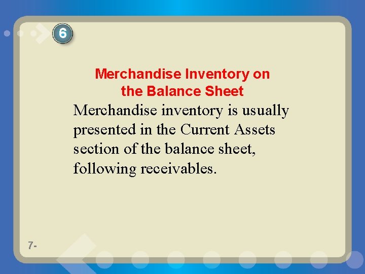 6 Merchandise Inventory on the Balance Sheet Merchandise inventory is usually presented in the