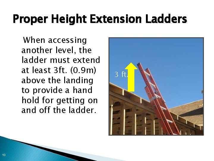 Proper Height Extension Ladders When accessing another level, the ladder must extend at least