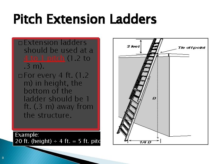 Pitch Extension Ladders � Extension ladders should be used at a 4 to 1