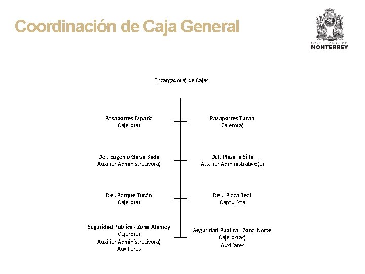 Coordinación de Caja General Encargado(a) de Cajas Pasaportes España Cajero(a) Pasaportes Tucán Cajero(a) Del.