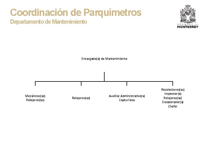 Coordinación de Parquímetros Departamento de Mantenimiento Encargado(a) de Mantenimiento Mecánicos(as) Relojeros(as) Auxiliar Administrativo(a) Capturistas