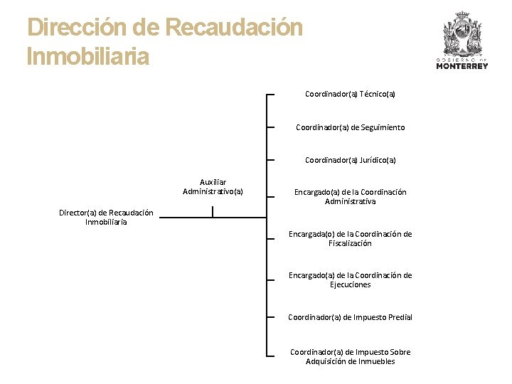 Dirección de Recaudación Inmobiliaria Coordinador(a) Técnico(a) Coordinador(a) de Seguimiento Coordinador(a) Jurídico(a) Auxiliar Administrativo(a) Encargado(a)