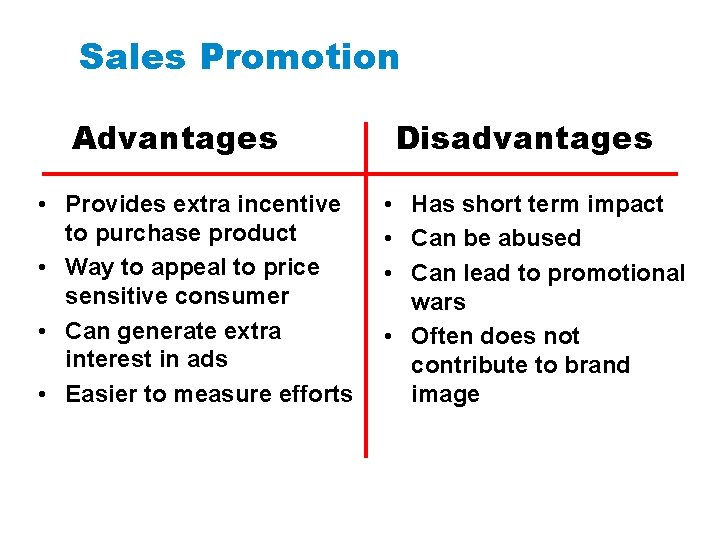 Sales Promotion Advantages • Provides extra incentive to purchase product • Way to appeal