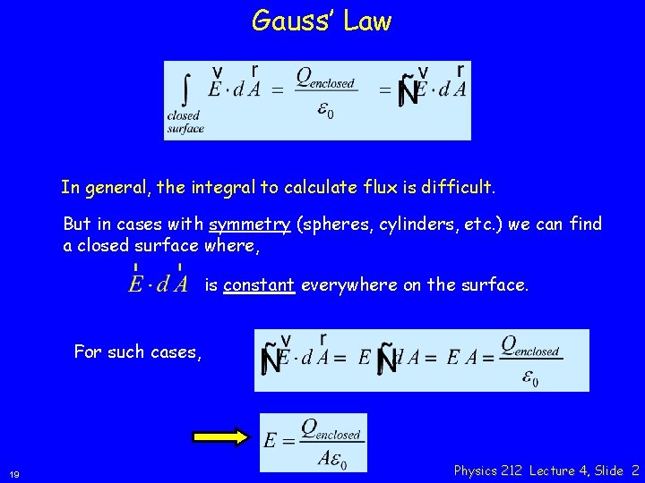 Gauss’ Law In general, the integral to calculate flux is difficult. But in cases