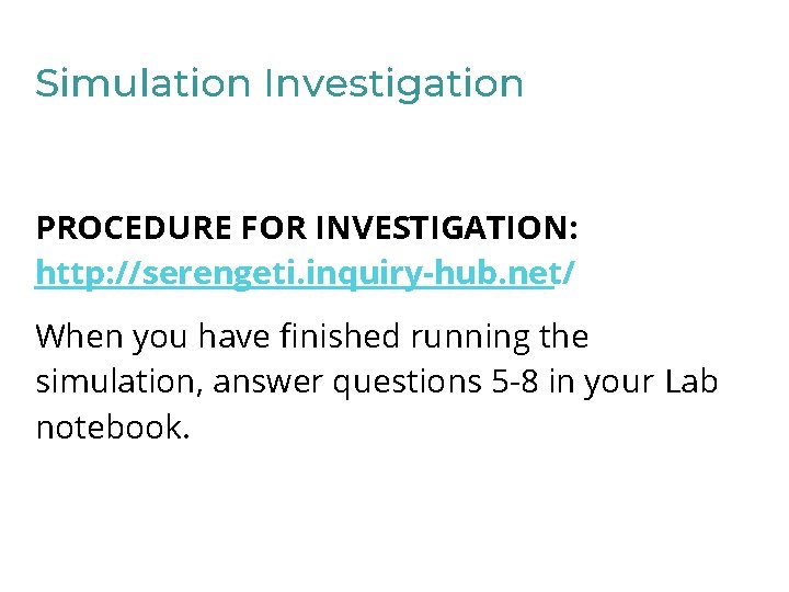 Simulation Investigation PROCEDURE FOR INVESTIGATION: http: //serengeti. inquiry-hub. net/ When you have finished running