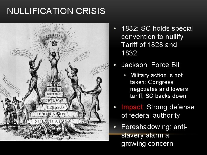 NULLIFICATION CRISIS • 1832: SC holds special convention to nullify Tariff of 1828 and