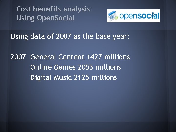Cost benefits analysis: Using Open. Social Using data of 2007 as the base year: