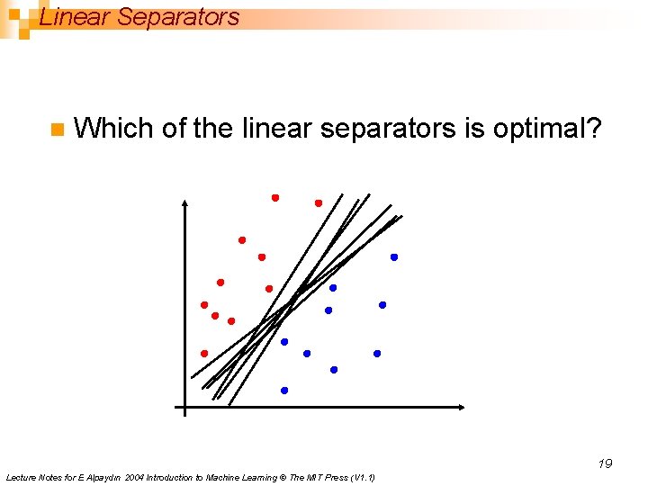 Linear Separators n Which of the linear separators is optimal? 19 Lecture Notes for