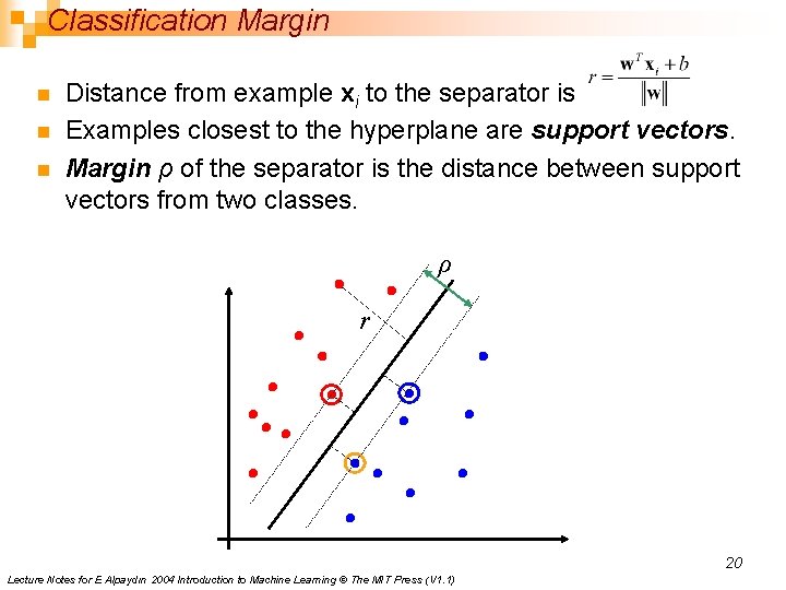 Classification Margin n Distance from example xi to the separator is Examples closest to