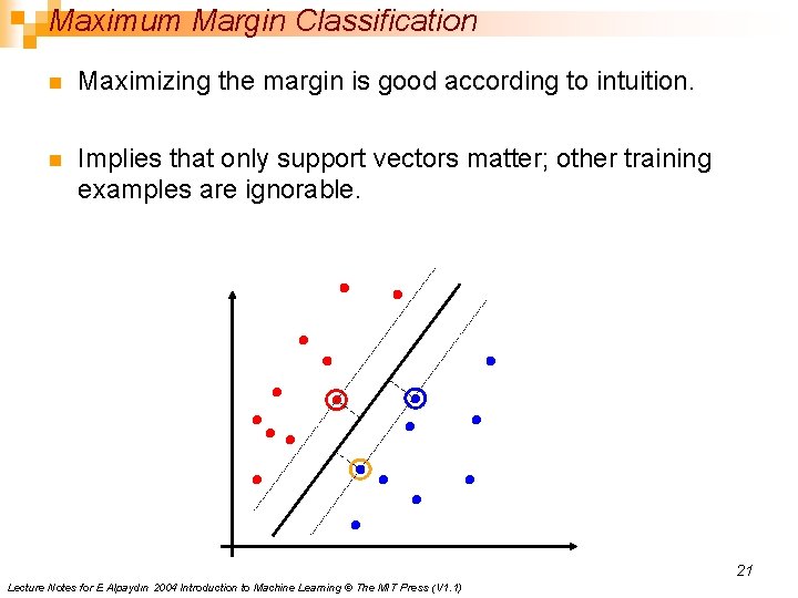 Maximum Margin Classification n Maximizing the margin is good according to intuition. n Implies