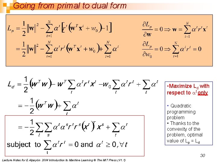 Going from primal to dual form • Maximize Ld with respect to at only