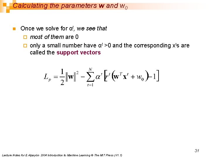 Calculating the parameters w and w 0 n Once we solve for αt, we