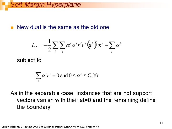 Soft Margin Hyperplane n New dual is the same as the old one subject