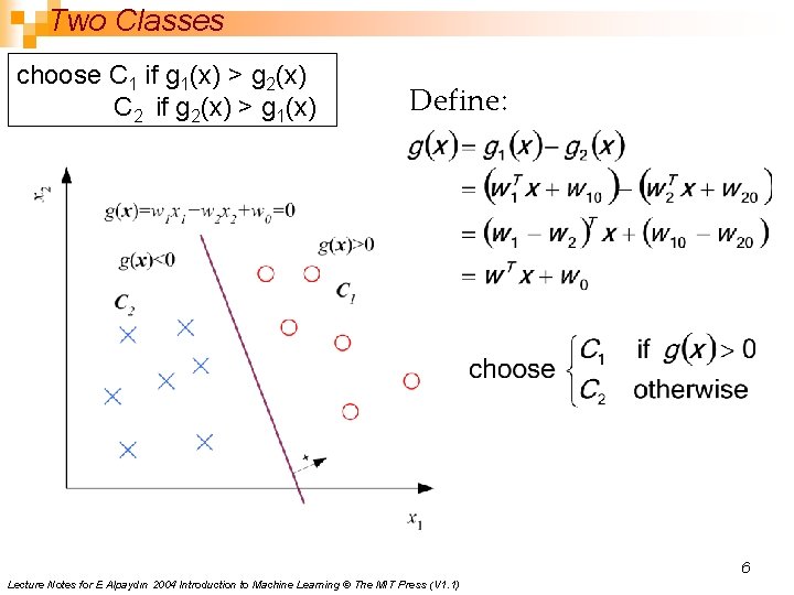 Two Classes choose C 1 if g 1(x) > g 2(x) C 2 if