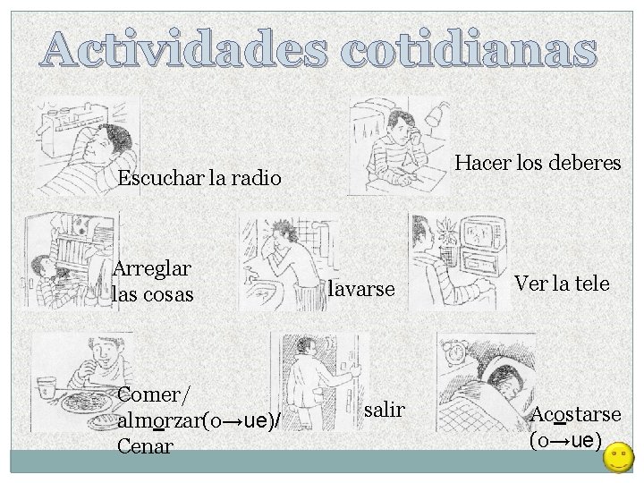 Actividades cotidianas Hacer los deberes Escuchar la radio Arreglar las cosas Comer/ almorzar(o→ue)/ Cenar Actividades cotidianas Hacer los deberes Escuchar la radio Arreglar las cosas Comer/ almorzar(o→ue)/ Cenar