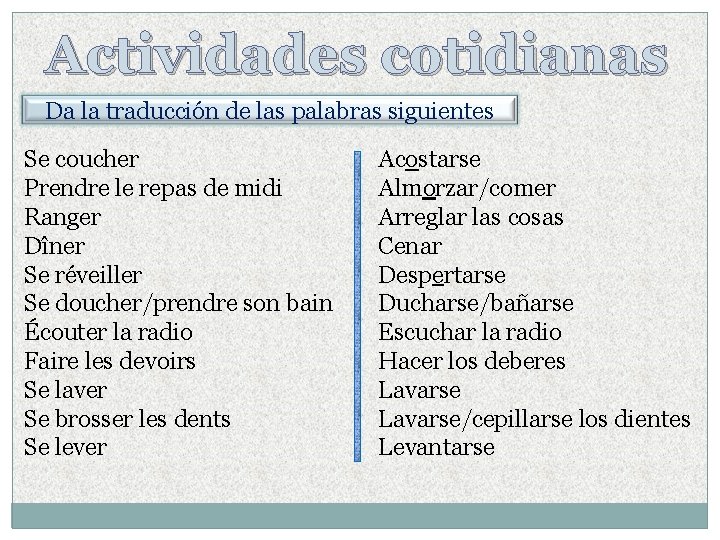 Actividades cotidianas Da la traducción de las palabras siguientes Se coucher Prendre le repas Actividades cotidianas Da la traducción de las palabras siguientes Se coucher Prendre le repas