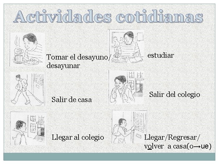 Actividades cotidianas Tomar el desayuno/ desayunar Salir de casa Llegar al colegio estudiar Salir Actividades cotidianas Tomar el desayuno/ desayunar Salir de casa Llegar al colegio estudiar Salir