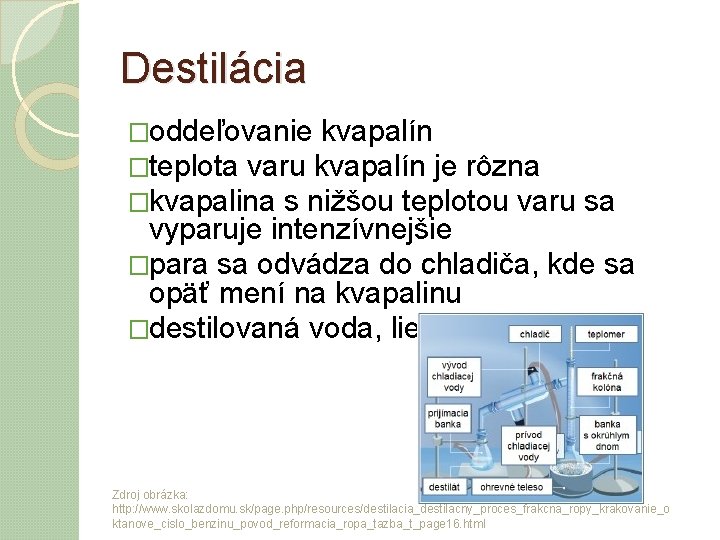 Destilácia �oddeľovanie kvapalín �teplota varu kvapalín je rôzna �kvapalina s nižšou teplotou varu sa