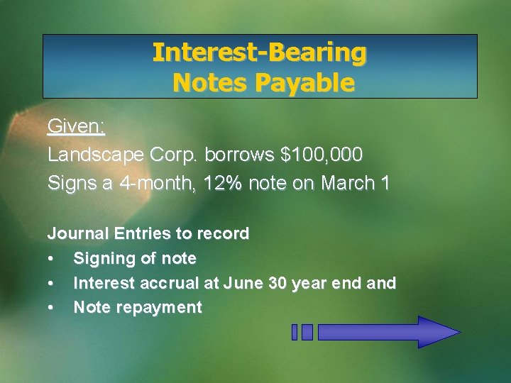 Interest-Bearing Notes Payable Given: Landscape Corp. borrows $100, 000 Signs a 4 -month, 12%