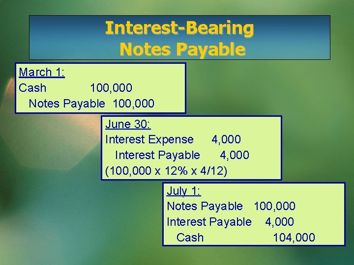 Interest-Bearing Notes Payable March 1: Cash 100, 000 Notes Payable 100, 000 June 30: