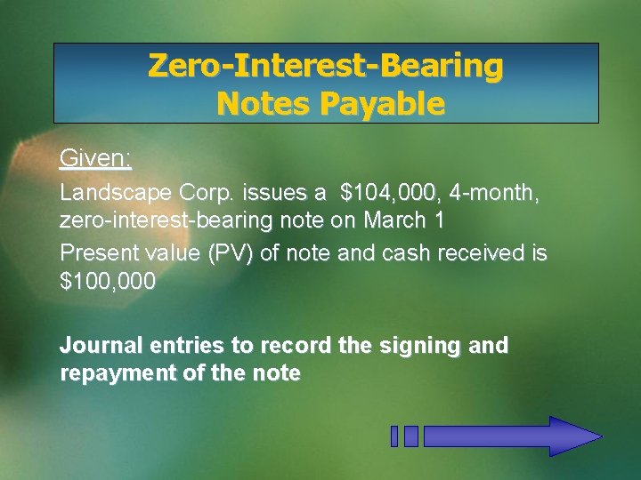 Zero-Interest-Bearing Notes Payable Given: Landscape Corp. issues a $104, 000, 4 -month, zero-interest-bearing note