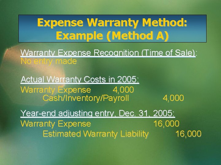 Expense Warranty Method: Example (Method A) Warranty Expense Recognition (Time of Sale): No entry