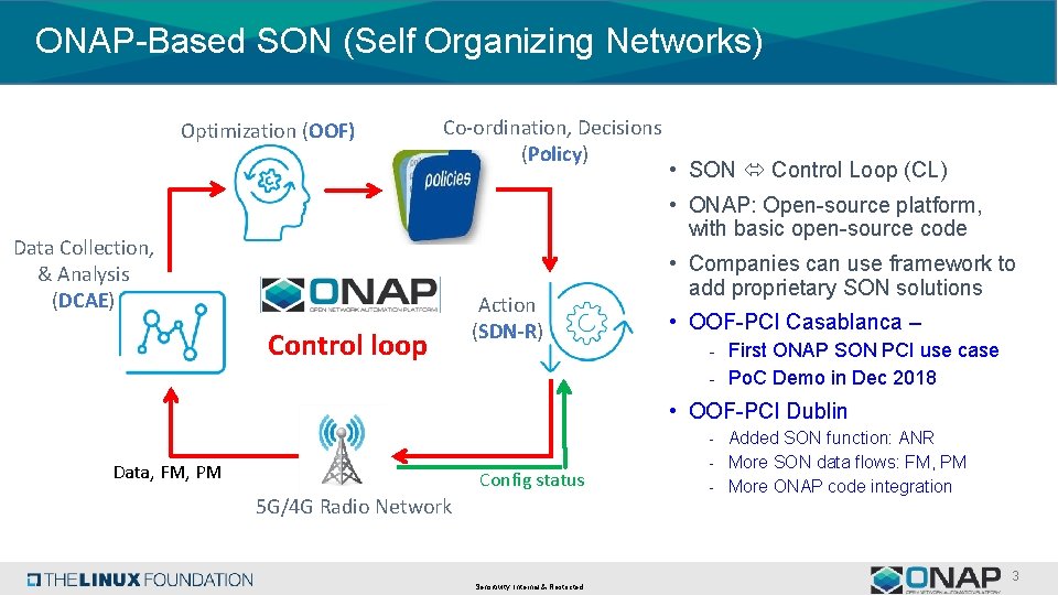 ONAP-Based SON (Self Organizing Networks) Optimization (OOF) Co-ordination, Decisions (Policy) • SON Control Loop