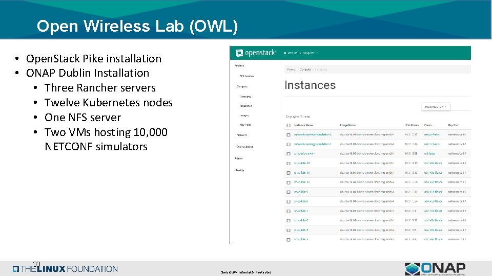 Open Wireless Lab (OWL) • Open. Stack Pike installation • ONAP Dublin Installation •