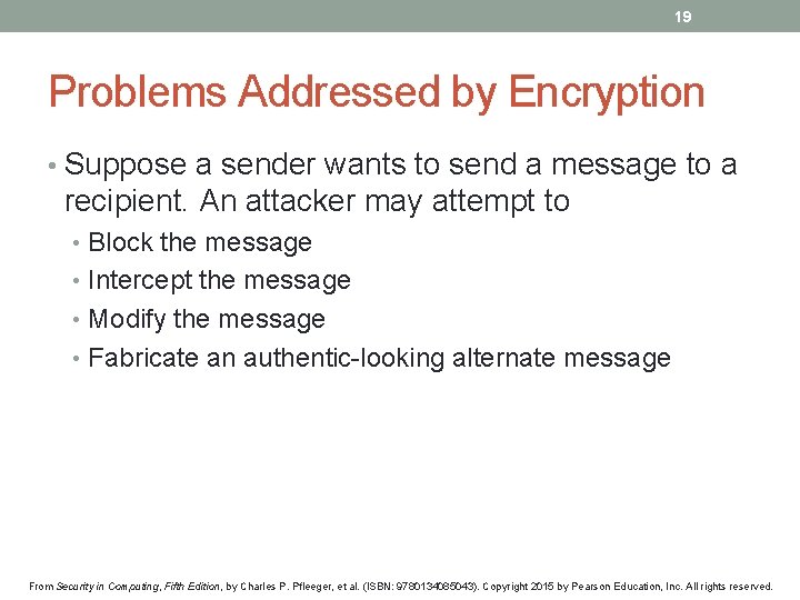 19 Problems Addressed by Encryption • Suppose a sender wants to send a message