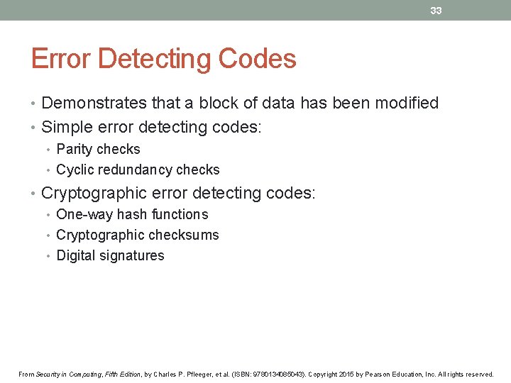 33 Error Detecting Codes • Demonstrates that a block of data has been modified