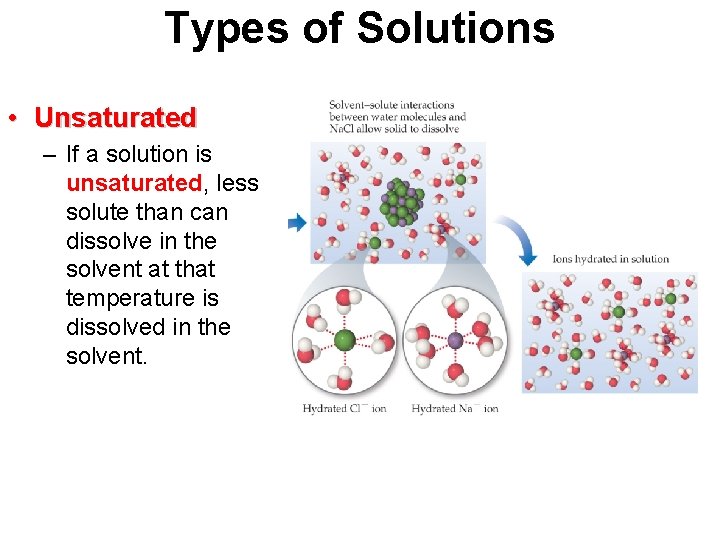Types of Solutions • Unsaturated – If a solution is unsaturated, less solute than