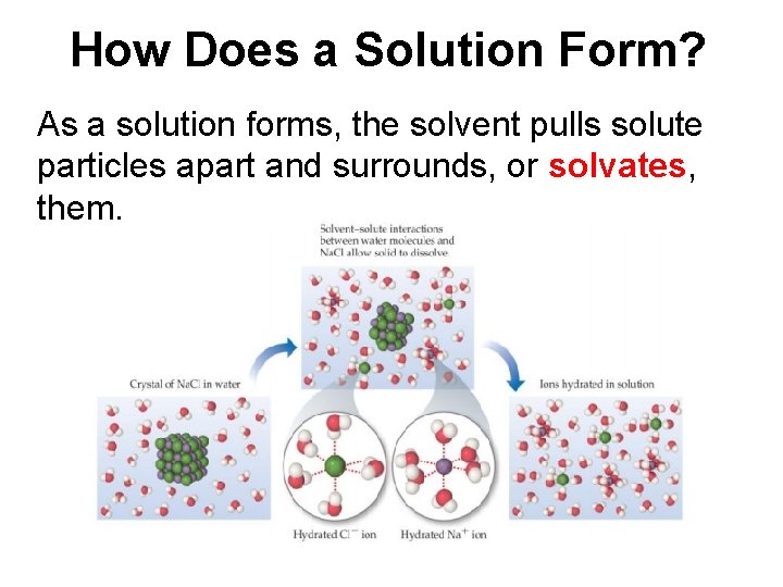 How Does a Solution Form? As a solution forms, the solvent pulls solute particles